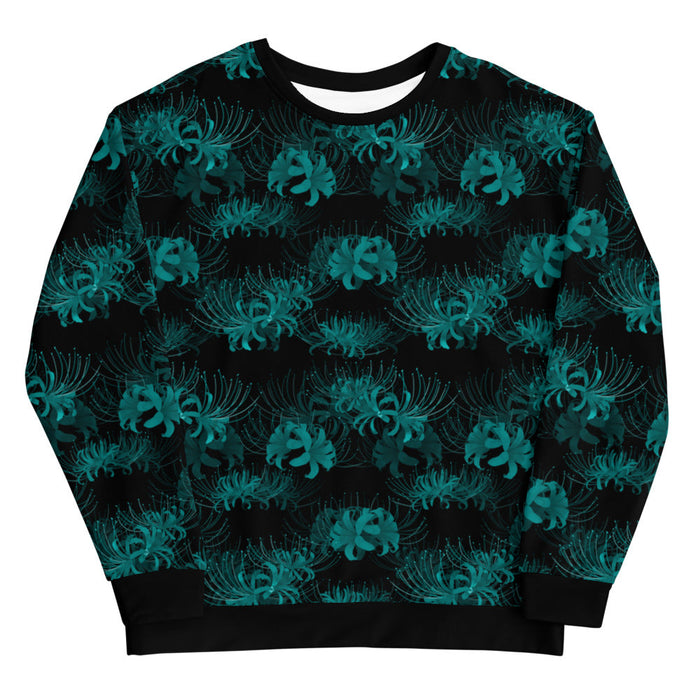 Higanbana gothic sweatshirt in teal with teal spider lilies on black