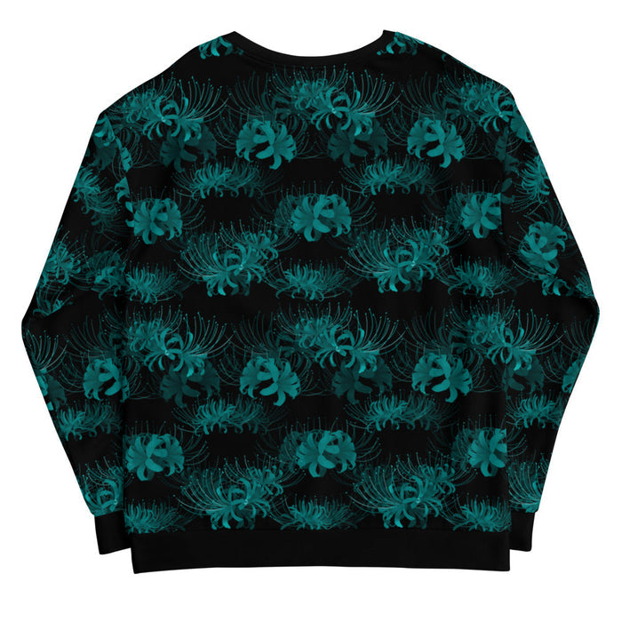 Higanbana gothic sweatshirt in teal with teal spider lily blooms on black