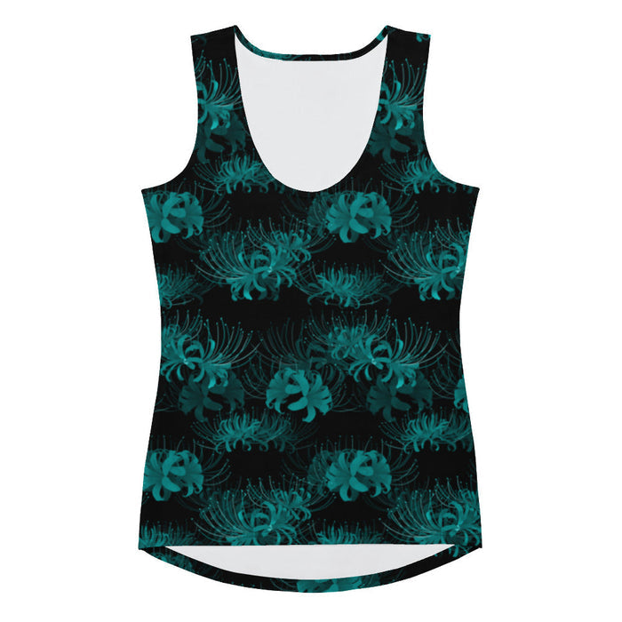 Higanbana gothic tank top in black with red, blue and teal spider lilies