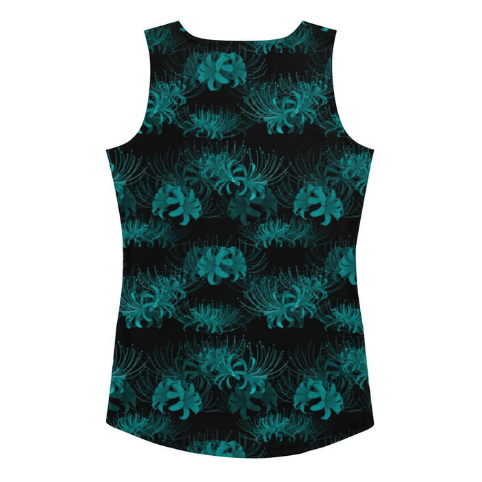 Higanbana gothic tank top in black with red, blue and teal spider lily blooms