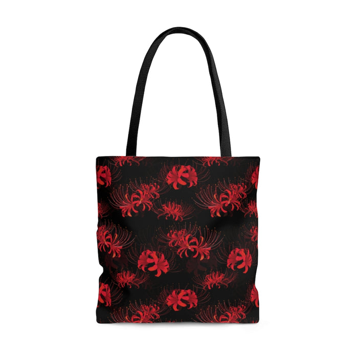 Stylish Higanbana Tote Bag (Red) featuring a vibrant Spider Lily print, perfect for any outing or gym visit.