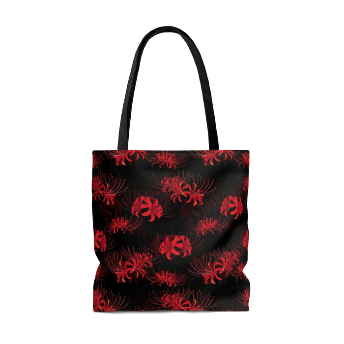 Stylish Higanbana Tote Bag (Red) featuring a vibrant Spider Lily print, perfect for gym or beach outings.