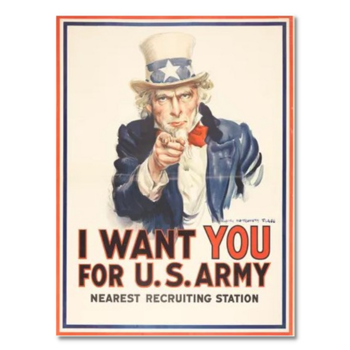 A vintage recruitment poster created by James Montgomery Flagg features Uncle Sam with his iconic I Want You for U.S. Army message, pointing directly at the viewer, urging folks to visit the nearest recruiting station.