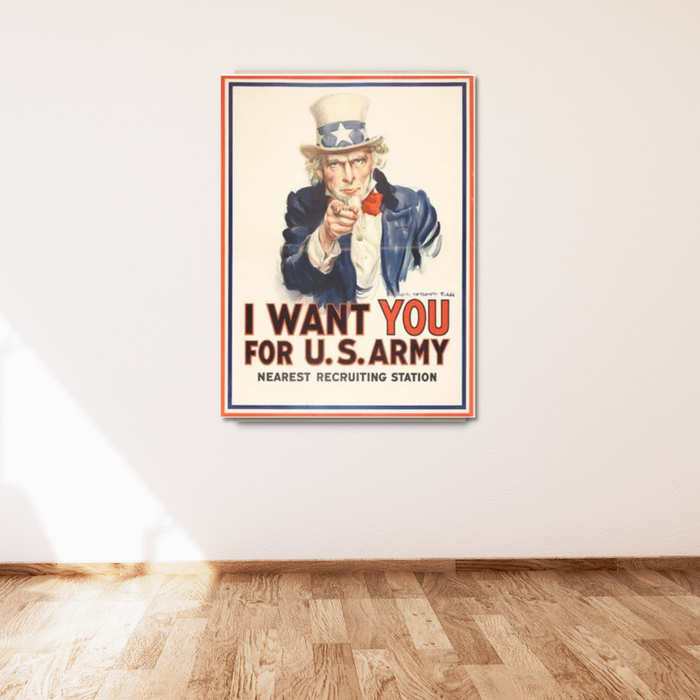 This vintage recruitment poster on a plain white wall, designed by James Montgomery Flagg, features Uncle Sam pointing with the bold text I Want You for U.S. Army.