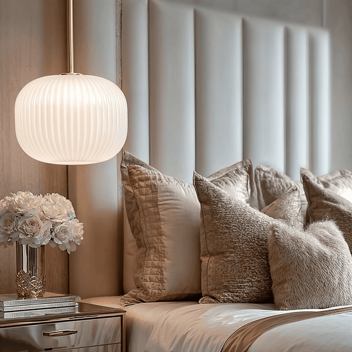 In Stock - Bellamy White Glass & Gold Ribbed Glass Circular Pendant Ceiling Light Lighting