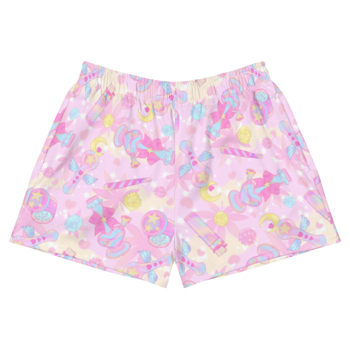 Indica Magica kawaii athletic shorts in pink with crescent moons and hot-pink bows