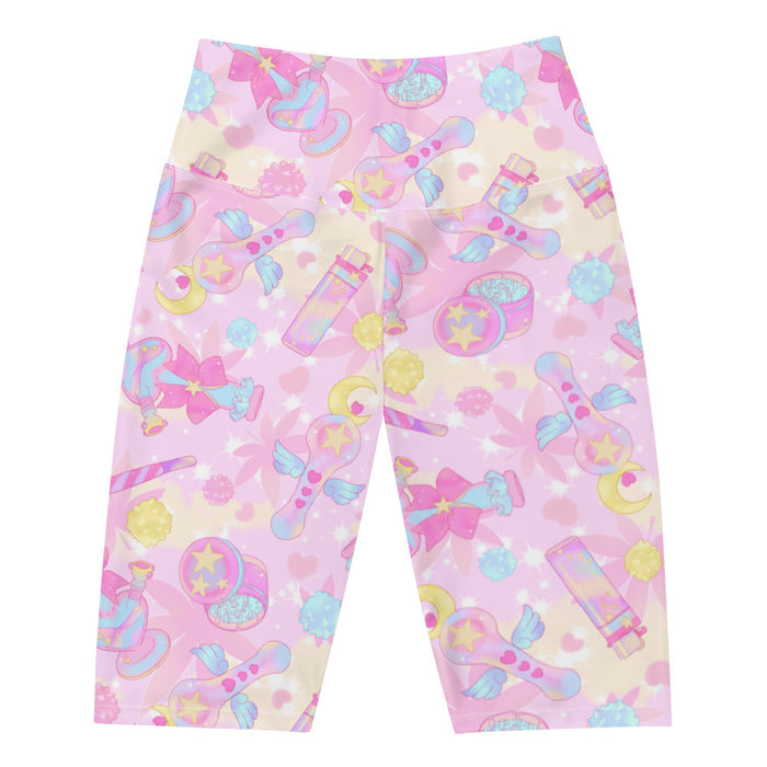 Indica Magica kawaii biker shorts in pink with candy-striped joints and crescent moons