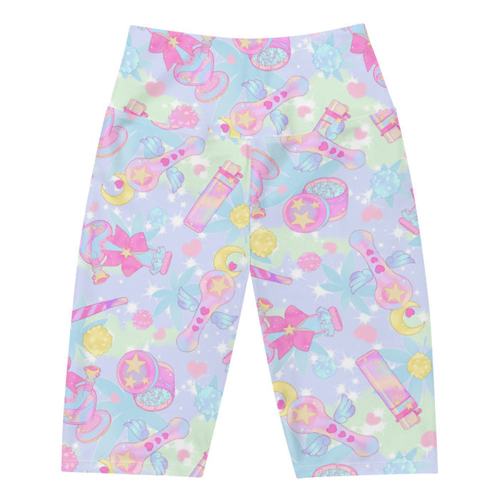 Indica Magica kawaii biker shorts in pastel with holographic bongs and cannabis leaves