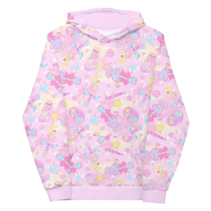 Indica Magica kawaii hoodie in pink with holographic bongs and cannabis leaves