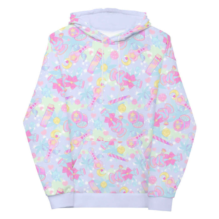 Indica Magica kawaii hoodie in pastel with winged star-tipped pipes and pastel hearts