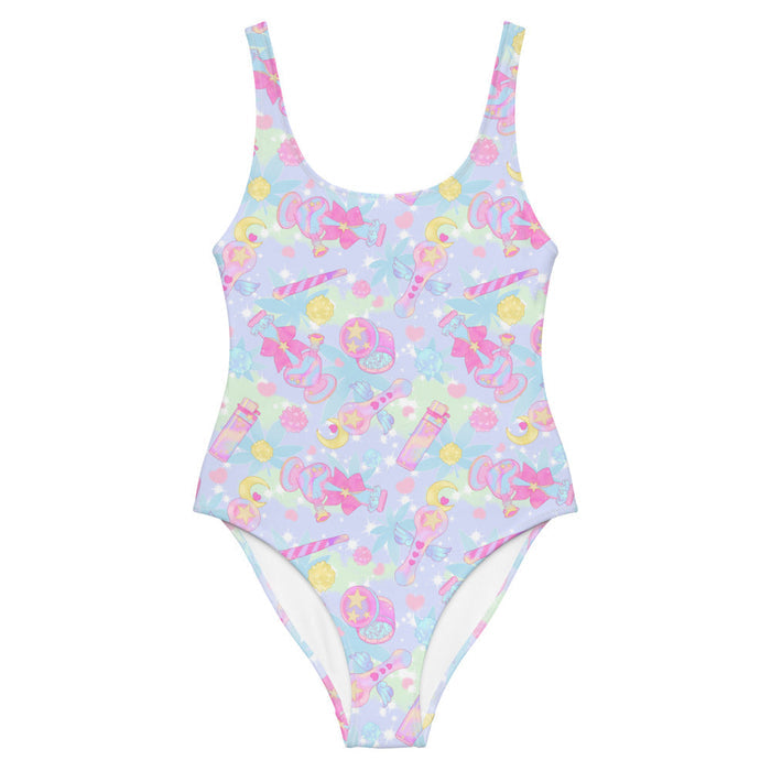 Indica Magica kawaii one-piece swimsuit in pastel with konpeito buds and hot-pink bows