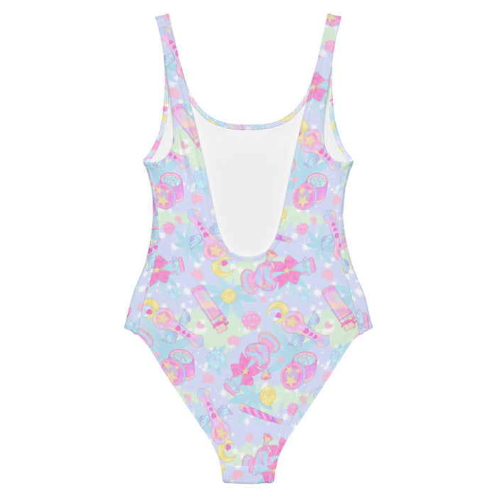 Indica Magica kawaii one-piece swimsuit in pastel with holographic bongs and cannabis leaves