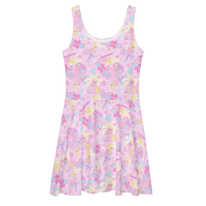 Indica Magica kawaii skater dress in pink with holographic bongs and cannabis leaves