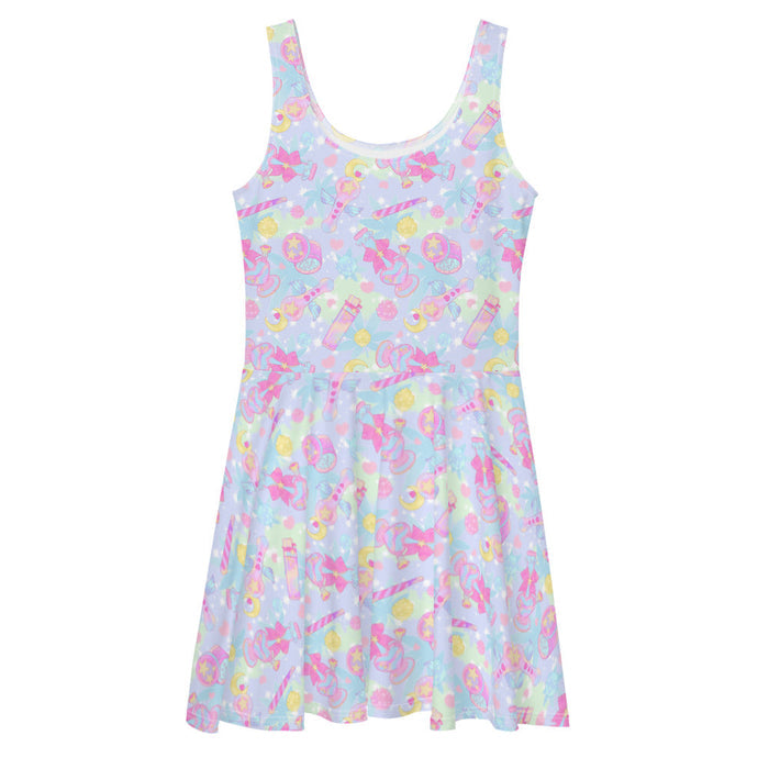 Indica Magica kawaii skater dress in pastel with winged star-tipped pipes and pastel hearts