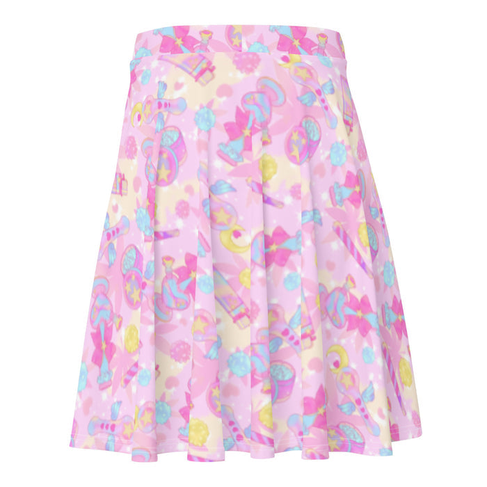Indica Magica kawaii skater skirt in pink with candy-striped joints and crescent moons