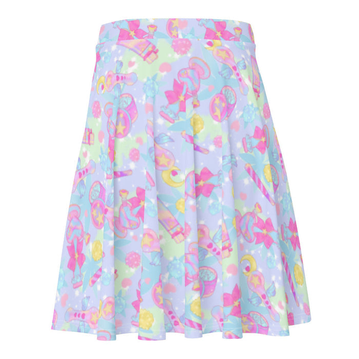 Indica Magica kawaii skater skirt in pastel with holographic bongs and cannabis leaves