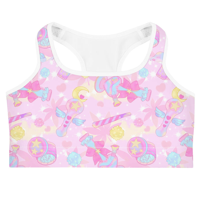 Indica Magica kawaii sports bra in pink with star-and-moon grinders and konpeito buds