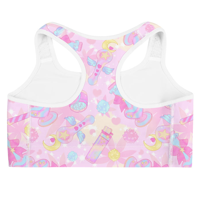 Indica Magica kawaii sports bra in pink with holographic bongs and pastel hearts