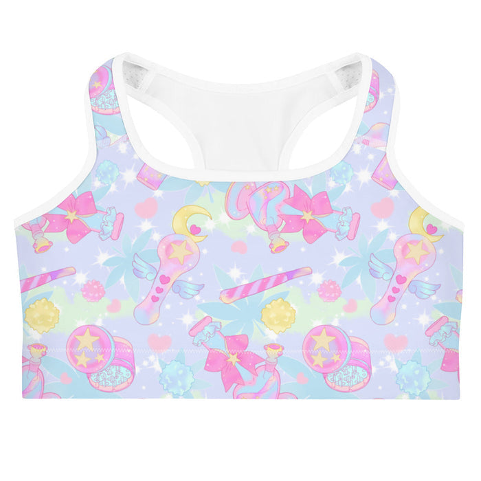 Indica Magica kawaii sports bra in pastel with winged star-tipped pipes and gold stars