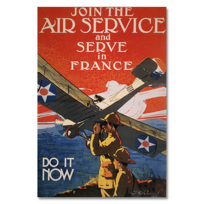 Vintage 1917 recruitment poster showcasing a biplane and soldiers, emblazoned with JOIN THE U.S. AIR SERVICE AND SERVE IN FRANCE. DO IT NOW in bold letters.