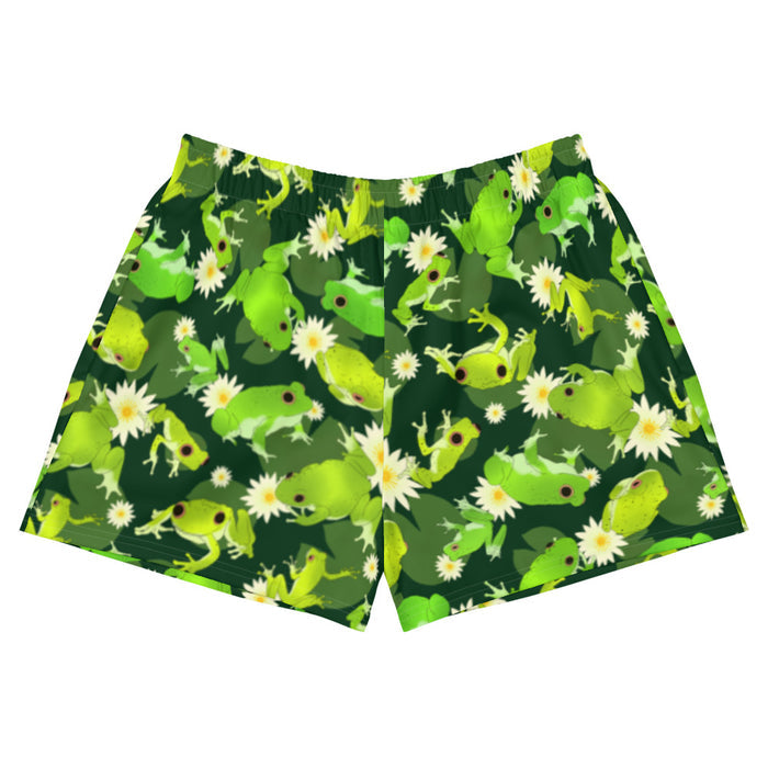 Kero-kero kawaii athletic shorts in green with green tree frogs and white water lilies