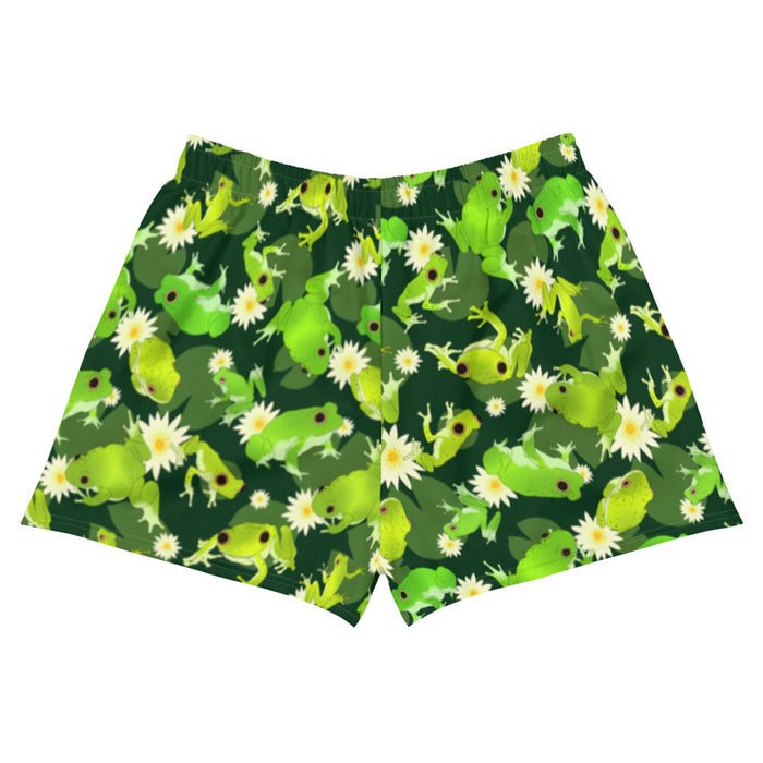 Kero-kero kawaii athletic shorts in green with leaping frogs and golden-eyed lotus blooms