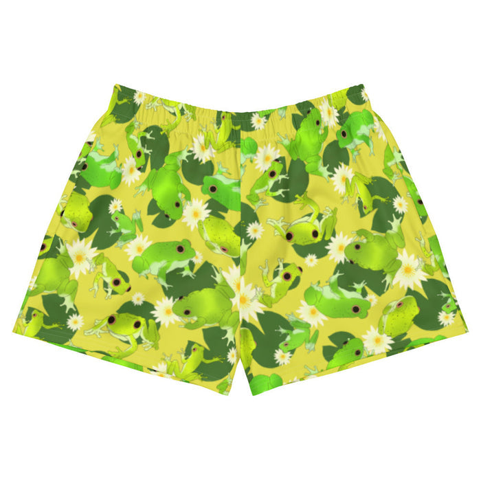 Kero-kero kawaii athletic shorts in green with speckled frogs and floating lily pads