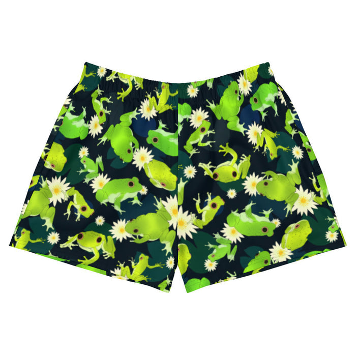 Kero-kero kawaii athletic shorts in green with hopping green frogs and sunlit water lilies
