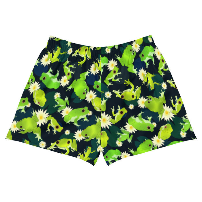 Kero-kero kawaii athletic shorts in green with long-legged frogs and lily pads