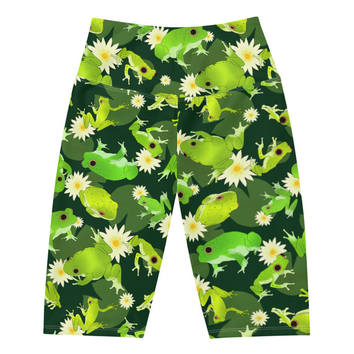 Kero-kero kawaii biker shorts in green with speckled frogs and floating lily pads