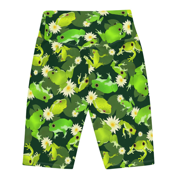 Kero-kero kawaii biker shorts in green with webbed-toed frogs and white lotus blossoms
