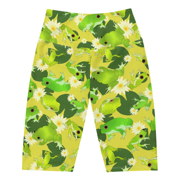 Kero-kero kawaii biker shorts in green with hopping green frogs and sunlit water lilies