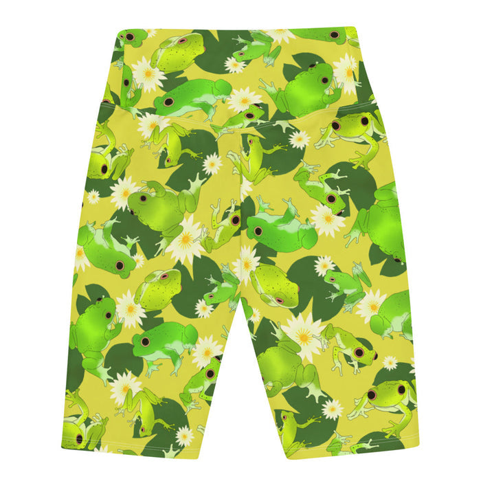 Kero-kero kawaii biker shorts in green with long-legged frogs and lily pads