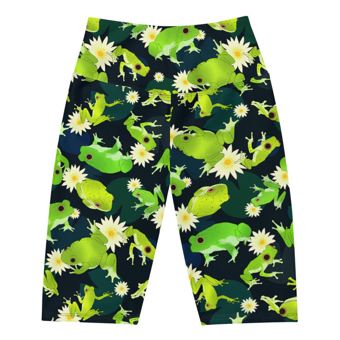 Kero-kero kawaii biker shorts in green with plump green frogs and golden lily centers