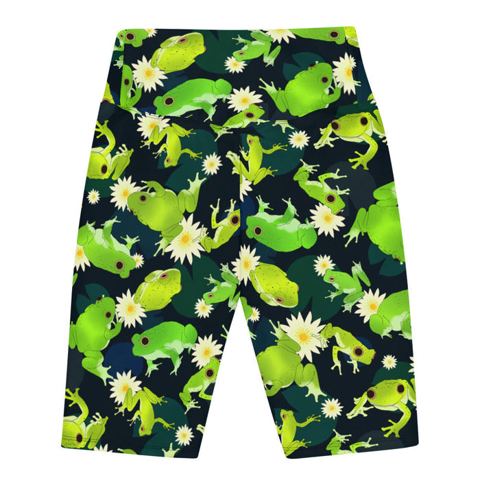 Kero-kero kawaii biker shorts in green with bright green frogs and creamy lotus flowers