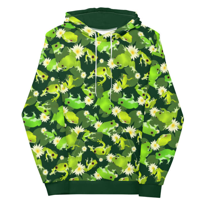 Kero-kero kawaii hoodie in green with leaping frogs and golden-eyed lotus blooms