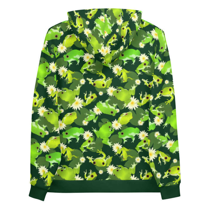 Kero-kero kawaii hoodie in green with speckled frogs and floating lily pads