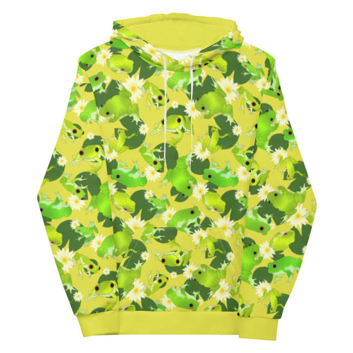 Kero-kero kawaii hoodie in green with webbed-toed frogs and white lotus blossoms