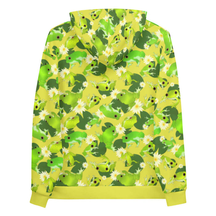 Kero-kero kawaii hoodie in green with hopping green frogs and sunlit water lilies