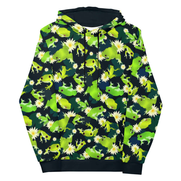 Kero-kero kawaii hoodie in green with long-legged frogs and lily pads
