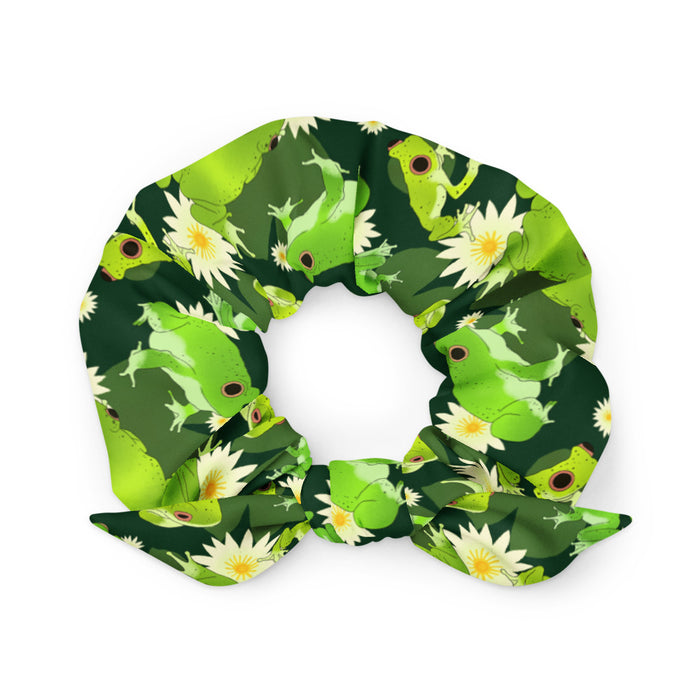 Kero-kero kawaii scrunchie in green with plump green frogs and golden lily centers