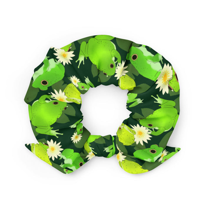 Kero-kero kawaii scrunchie in green with bright green frogs and creamy lotus flowers