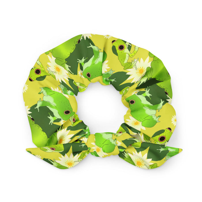 Kero-kero kawaii scrunchie in yellow with frogs mid-jump and pale water lilies