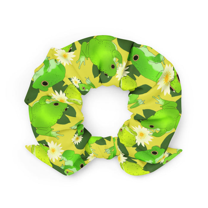 Kero-kero kawaii scrunchie in green with green tree frogs and white water lilies