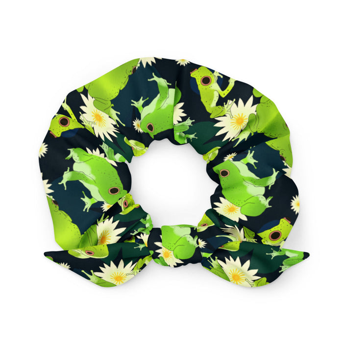 Kero-kero kawaii scrunchie in green with leaping frogs and golden-eyed lotus blooms