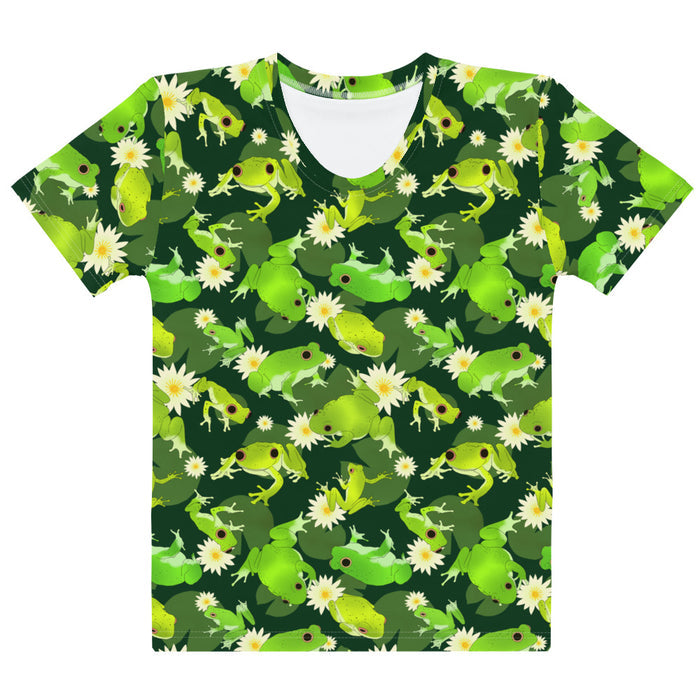 Kero-kero kawaii t-shirt in green with bright green frogs and creamy lotus flowers