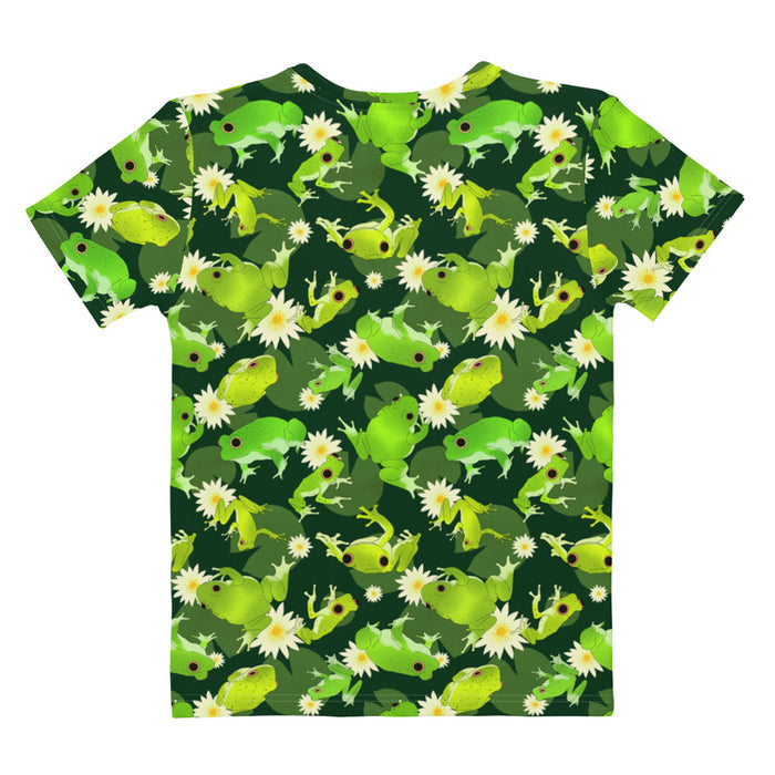 Kero-kero kawaii t-shirt in green with frogs mid-jump and pale water lilies