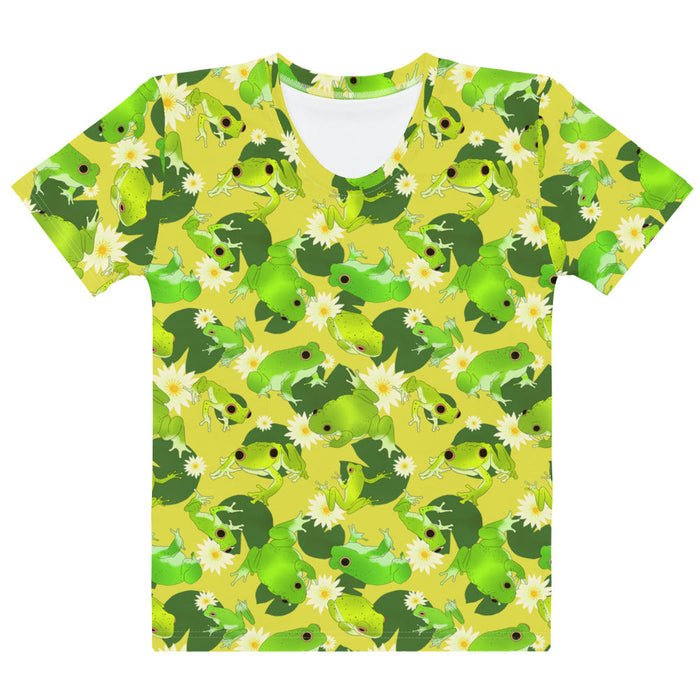 Kero-kero kawaii t-shirt in green with green tree frogs and white water lilies