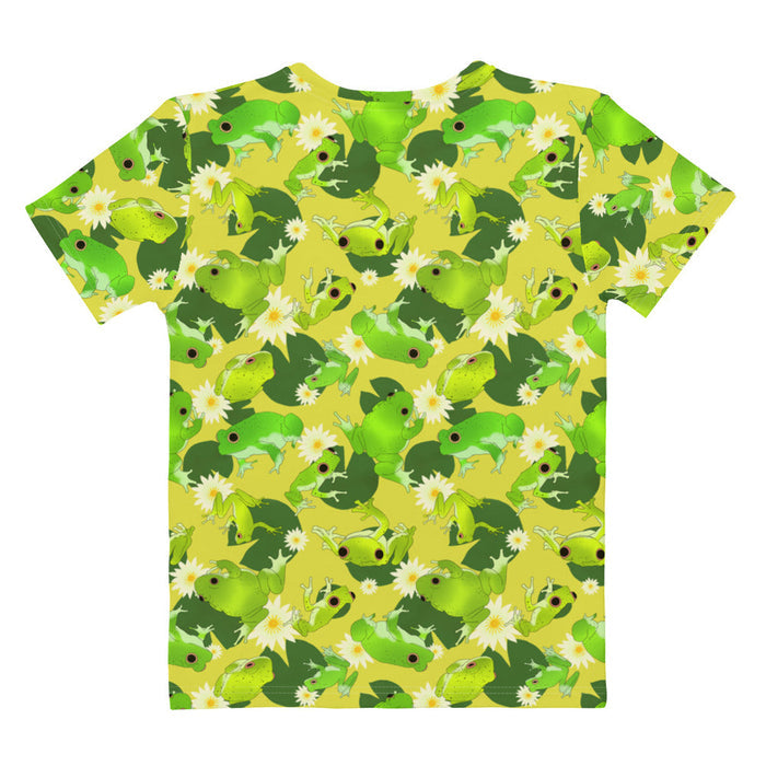 Kero-kero kawaii t-shirt in green with leaping frogs and golden-eyed lotus blooms