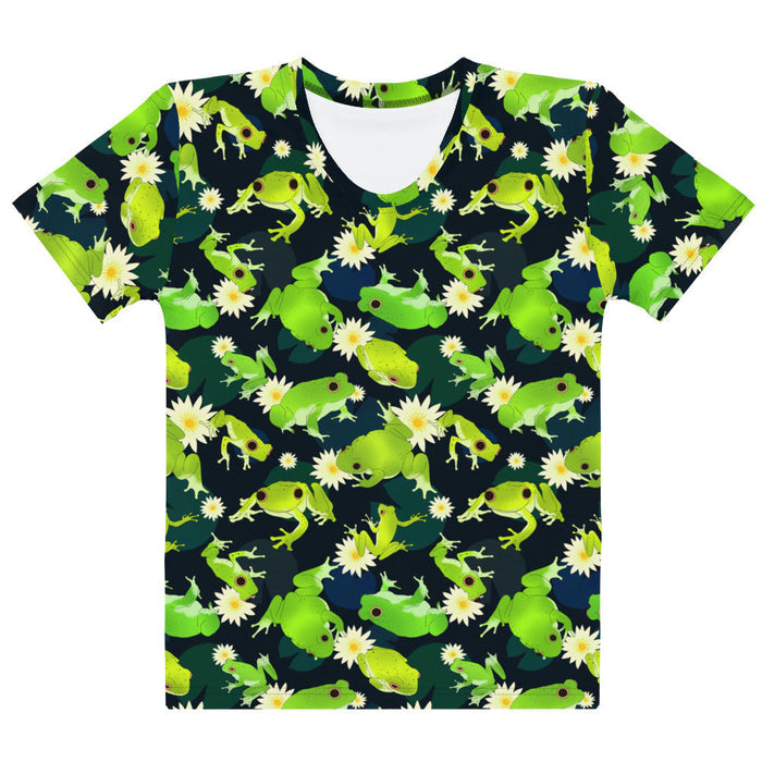 Kero-kero kawaii t-shirt in green with speckled frogs and floating lily pads